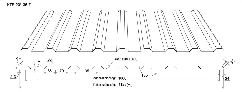 KTR20 trapézlemez tető rajz méretekkel