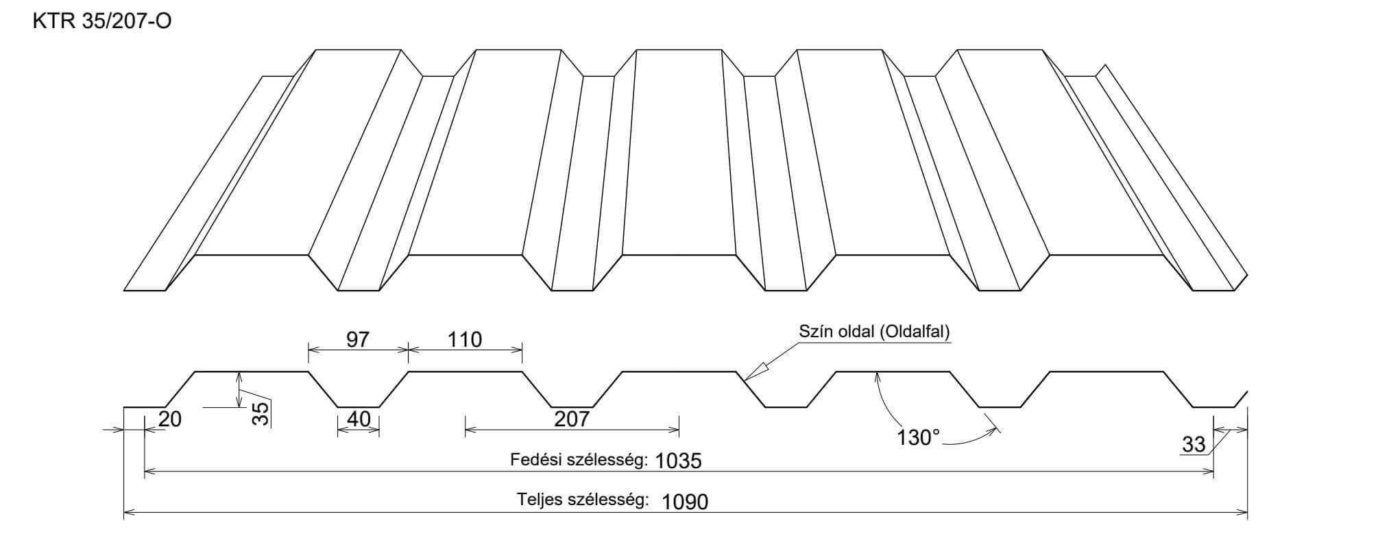 KTR35 trapézlemez oldalfal rajz méretekkel