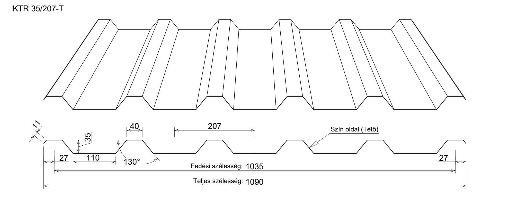 KTR35 trapézlemez tető rajz méretekkel