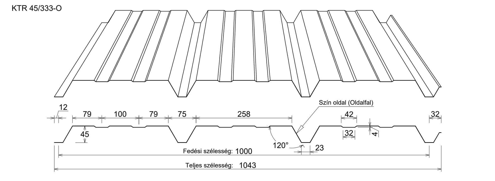 KTR45 trapézlemez oldalfal rajz méretekkel
