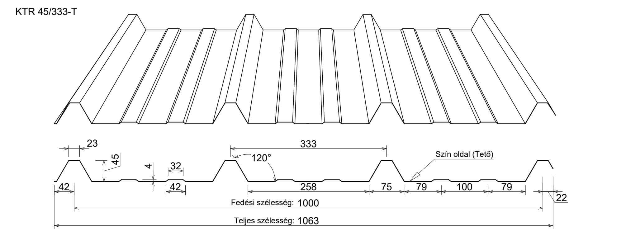 KTR45 trapézlemez tető rajz méretekkel