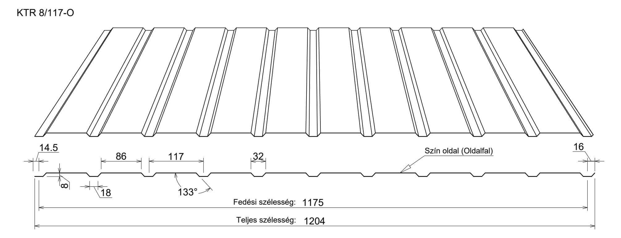 KTR8 trapézlemez oldalfal rajz méretekkel