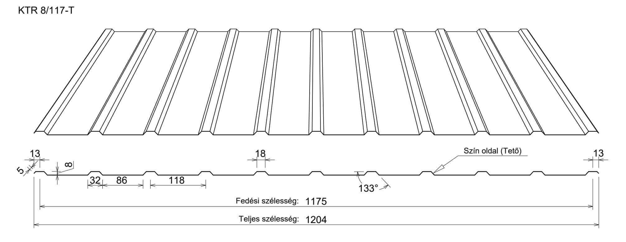 KTR8 trapézlemez tető rajz méretekkel